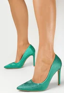 Czółenka - Zielone Satynowe Szpilki z Cyrkoniami Relki - miniaturka - grafika 1