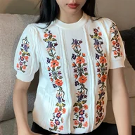 Swetry damskie - TEMU Stylowy top z krótkim rękawem i okrągłym dekoltem, o słodkim i uniwersalnym designie, z leniwszymi wibracjami, haftowanymi kwiatami, wykonany z - miniaturka - grafika 1