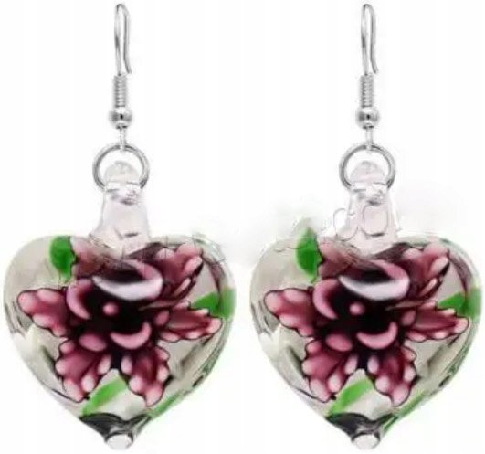 Kolczyki Serca Szklane Kwiaty Modne Stylowe Eleganckie Sztyft