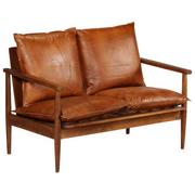 Sofy i kanapy - vidaXL 2-osobowa sofa z prawdziwej skóry i drewna akacjowego, brązowa - miniaturka - grafika 1