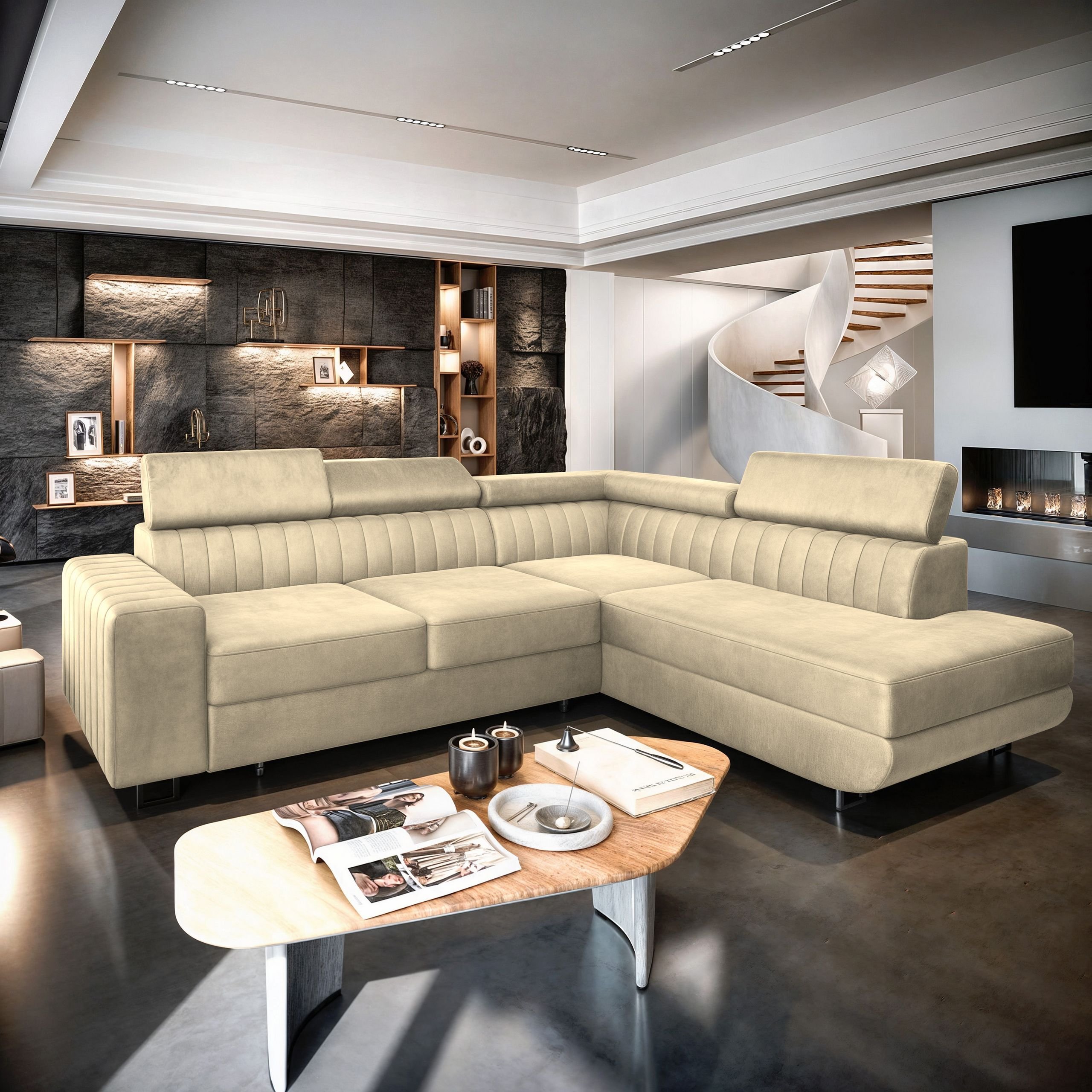 Masseno Narożnik NOLA L-S z funkcją spania i pojemnikiem na pościel Kształt L, Rozkładana sofa, Rogówka - Kremowy, MONOLITH 04