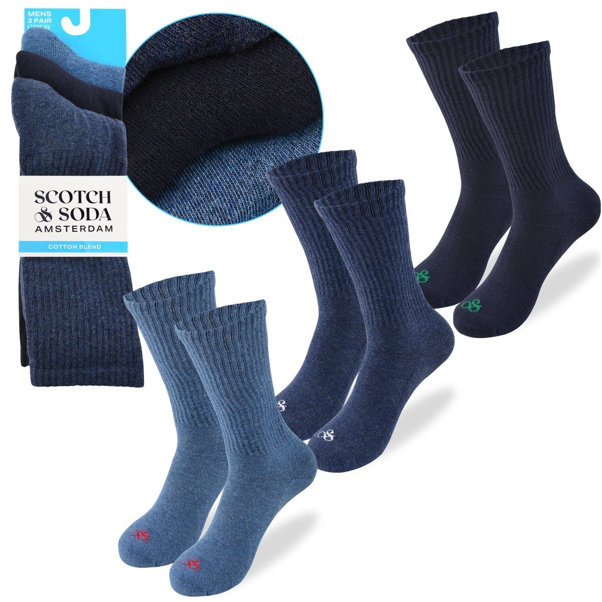 SCOTCH&SODA Skarpety Męskie Długie 3 Pary Bawełna Niebieskie Logo Rozmiar 41-46
