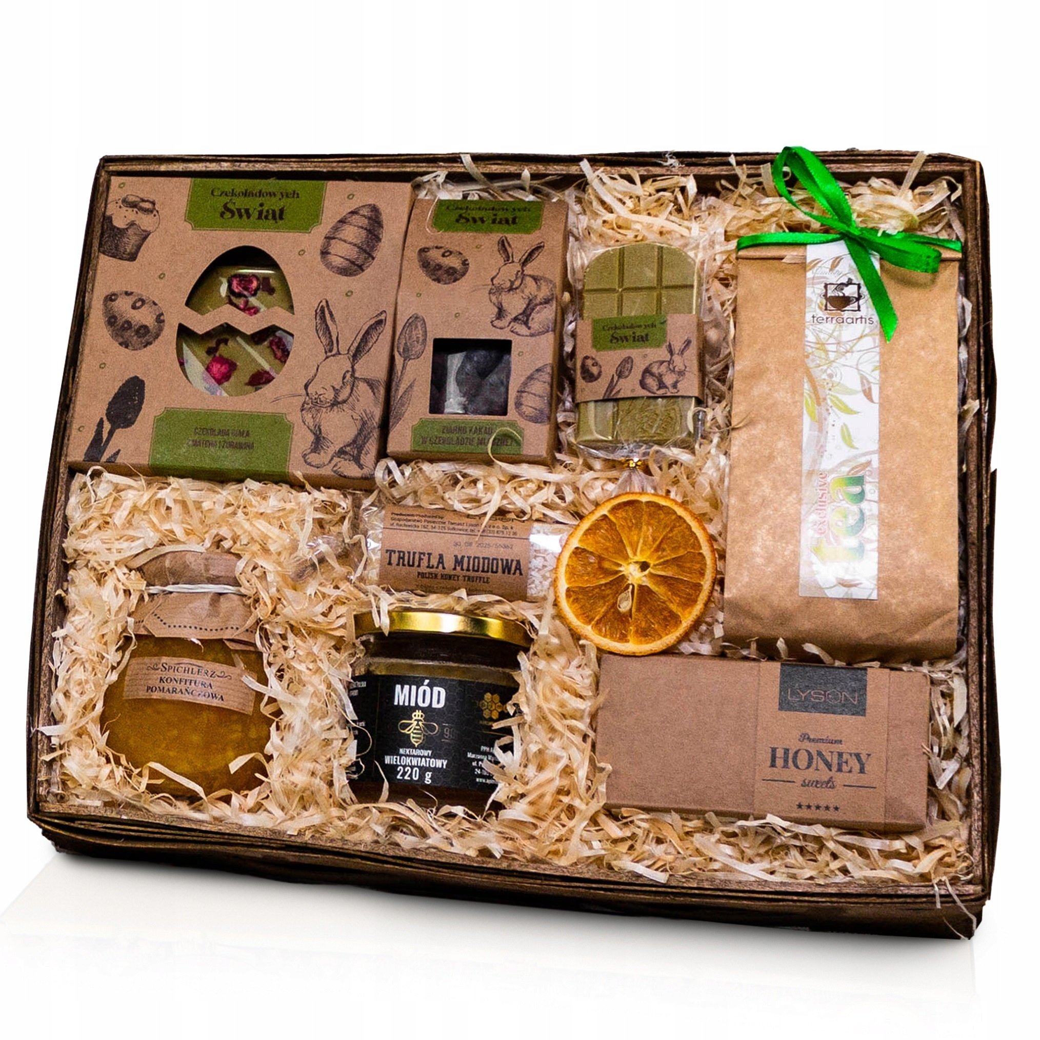 Duży Kosz Box Wielkanocny Słodycze Konfitura Miód Herbata Krówki