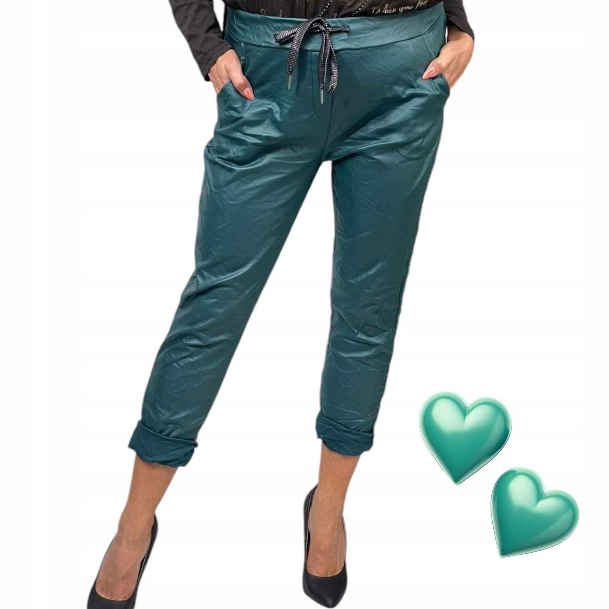 Spodnie gnieciuchy lycra skóra skórki L XL 40 42 kieszenie morski