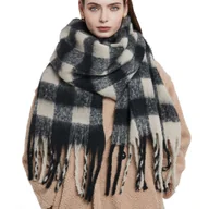 Apaszki i szaliki damskie - Duży ciepły szal gruby elegancki szalik damski w kratę modny chusta kolor czarny - miniaturka - grafika 1