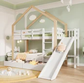Łóżka dla dzieci i młodzieży - Łóżko piętrowe Flieks z zabezpieczeniem przed wypadnięciem, łóżko dziecięce ze zjeżdżalnią i drabinką, łóżko na poddaszu z 2 szufladami, łóżko domowe z litego drewna łóżko piętrowe 90x200cm, białe - miniaturka - grafika 1