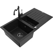 Zlewozmywaki z baterią - Mexen Matias zlewozmywak granitowy 1,5-komorowy z ociekaczem i baterią kuchenną Carla, czarny - miniaturka - grafika 1