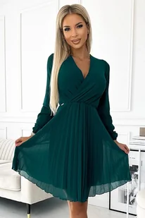 313-14 ISABELLE Plisowana szyfonowa sukienka z dekoltem - ZIELONA - Sukienki - miniaturka - grafika 1