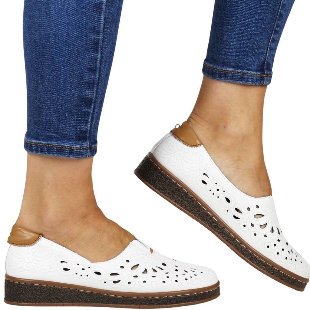 DAMSKIE PÓŁBUTY AŻUROWE SKÓRZANE EVENTO 7007 BIALO BEŻOWE