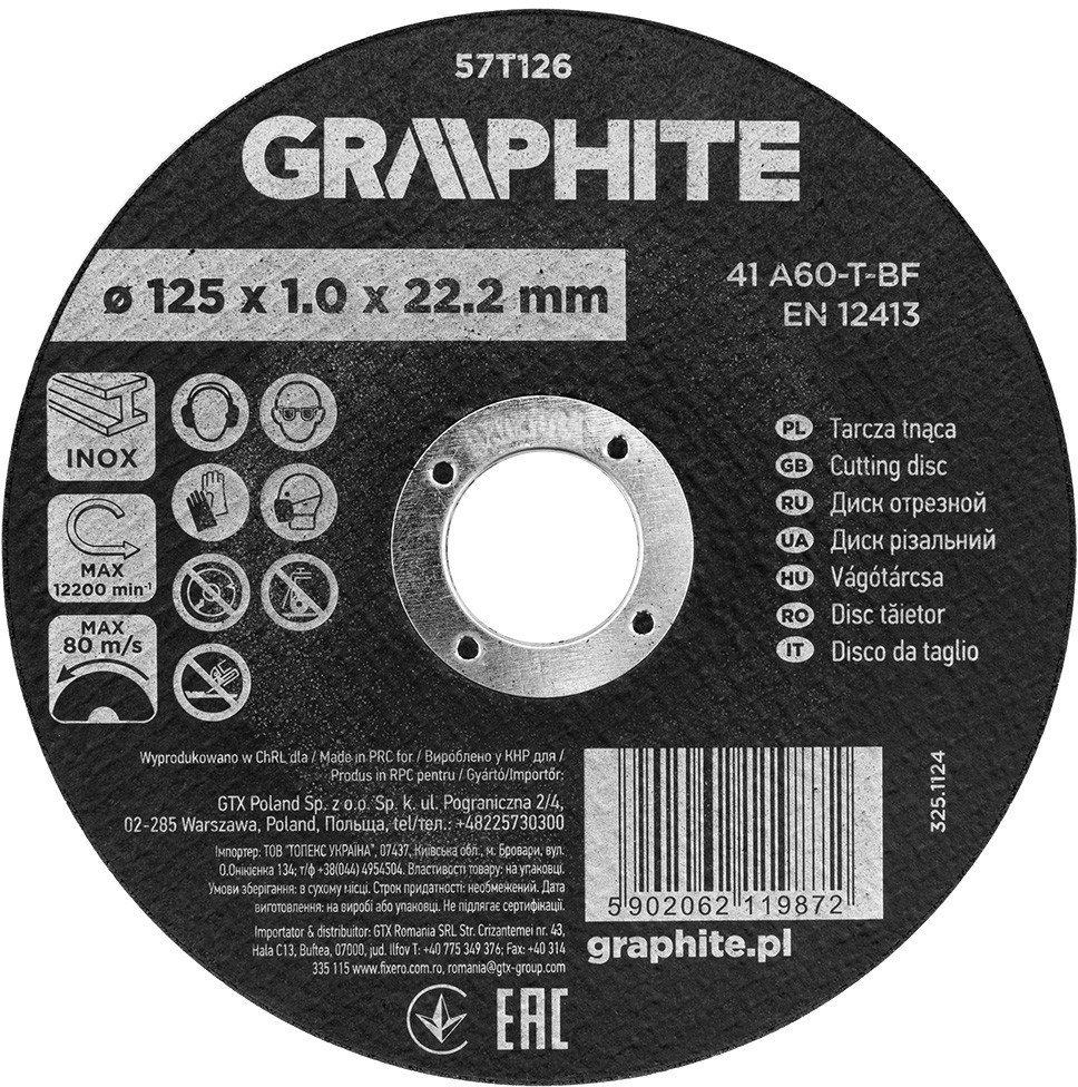 Graphite Tarcza tnąca, korundowa do metalu/INOX 125 x 1.0 x 22.2 mm, 41 A60-T-BF, kartonik 110 sztuk