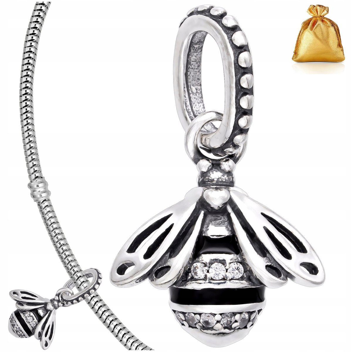 Srebrny Charms Zawieszka Pszczoła Cyrkoniami Srebro 925 Rodowana + Gratis