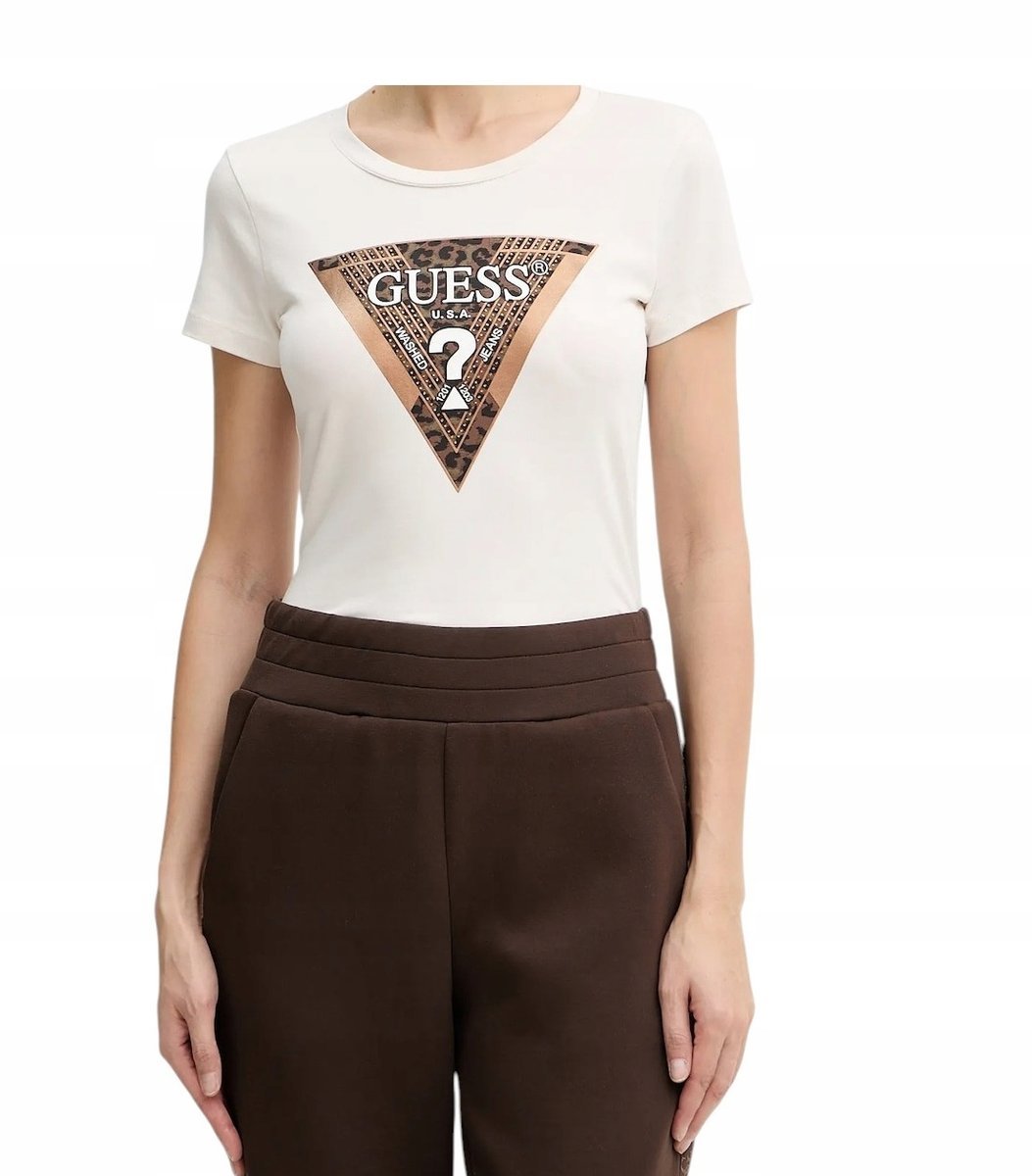 GUESS KOSZULKA DAMSKA T-SHIRT SS CN LEO TRIANGLE TEE ECRU r.S