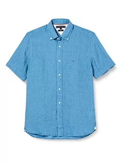 Koszule męskie - Tommy Hilfiger Męska koszula lniana farbowana pigmentowo Rf S/S na co dzień, Szokujący niebieski, M - grafika 1