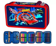 Piórniki - Piórnik z wyposażeniem trzykomorowy dla chłopca, St.Majewski, Hot Wheels, granatowy - miniaturka - grafika 1