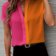 Inne - TEMU Bluzka Damska Casual z Dekoltem w Serek - Różowo-Pomarańczowa, Krótki Rękaw, Lekki Materiał Bez Elastyczności, Pranie Maszynowe na - miniaturka - grafika 1