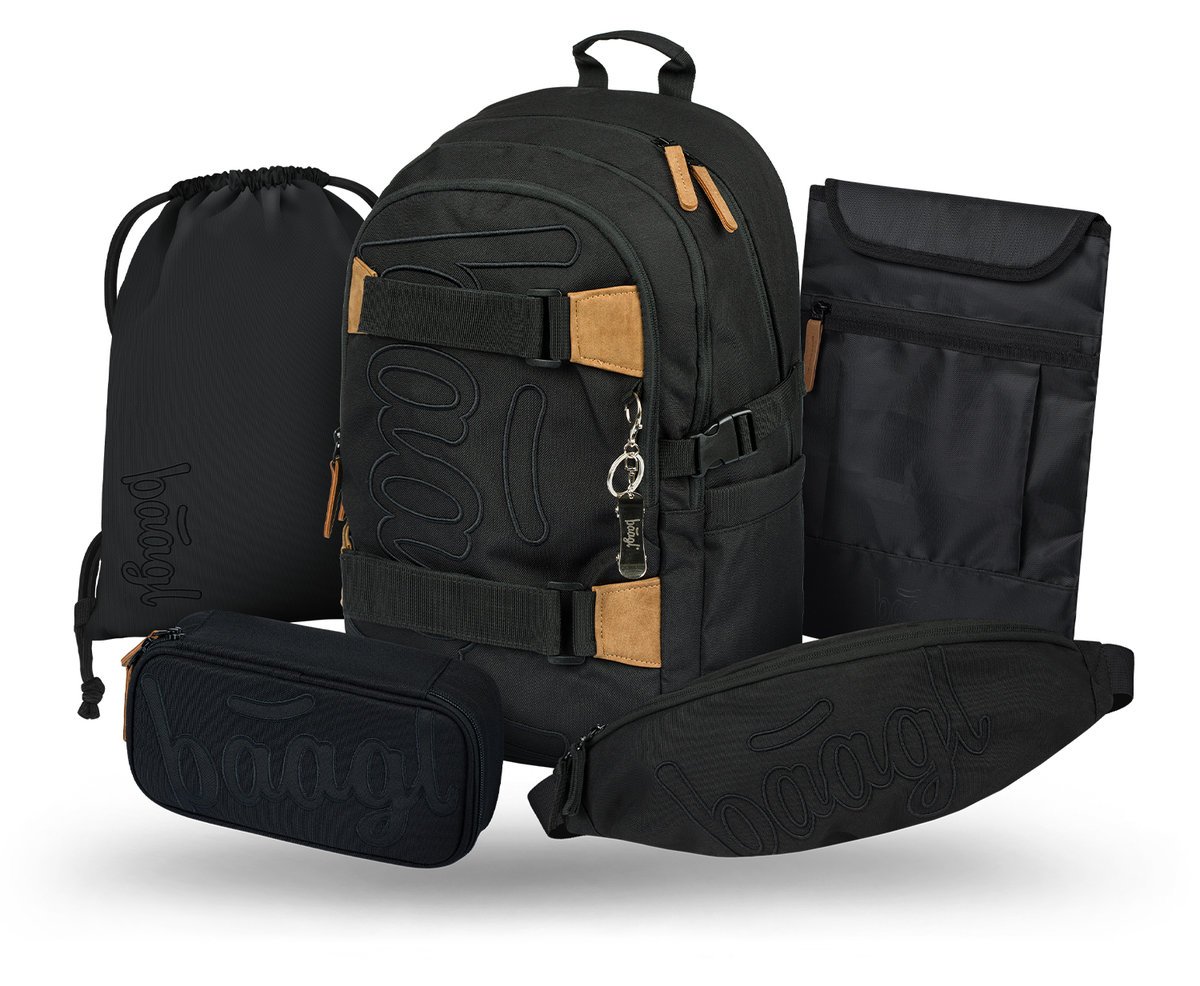 Zestaw Szkolny 5w1 BAAGL Plecak szkolny Skate Darkness Ergonomiczny 25L 29x43x20 cm Czarny dla chłopca + Piórnik, Worek na buty, Nerka, Etui na lapt..
