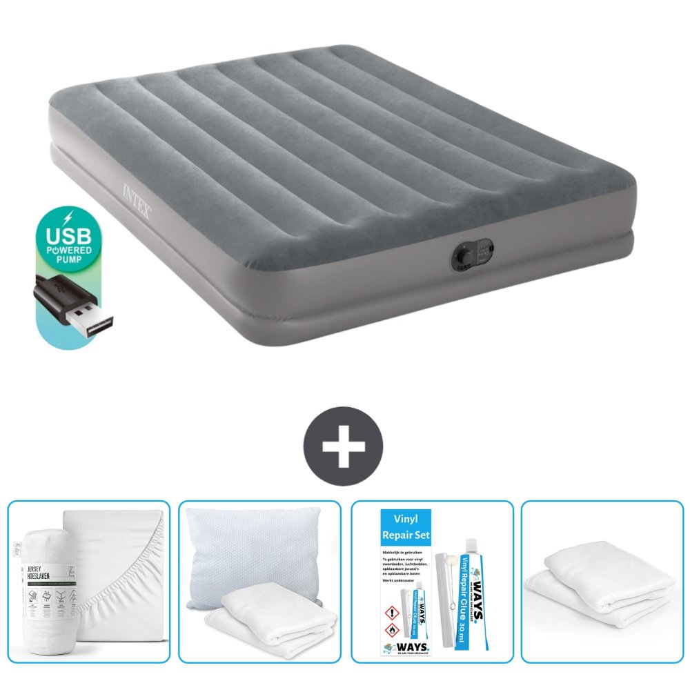 Łóżko powietrzne Intex - 2 osoby - 152 x 203 x 30 cm - Szare - Z pompką - Prześcieradło - Całowanie - Zestaw naprawczy en Ochraniacz na poduszkę