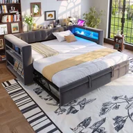 Meble do sypialni - Łóżko wysuwane 90/180 x 190 cm z zagłówkiem - Tkanina flanelowa - Diody LED - Półki i gniazdka do ładowania - Ciemnoszary (bez materaca) - miniaturka - grafika 1