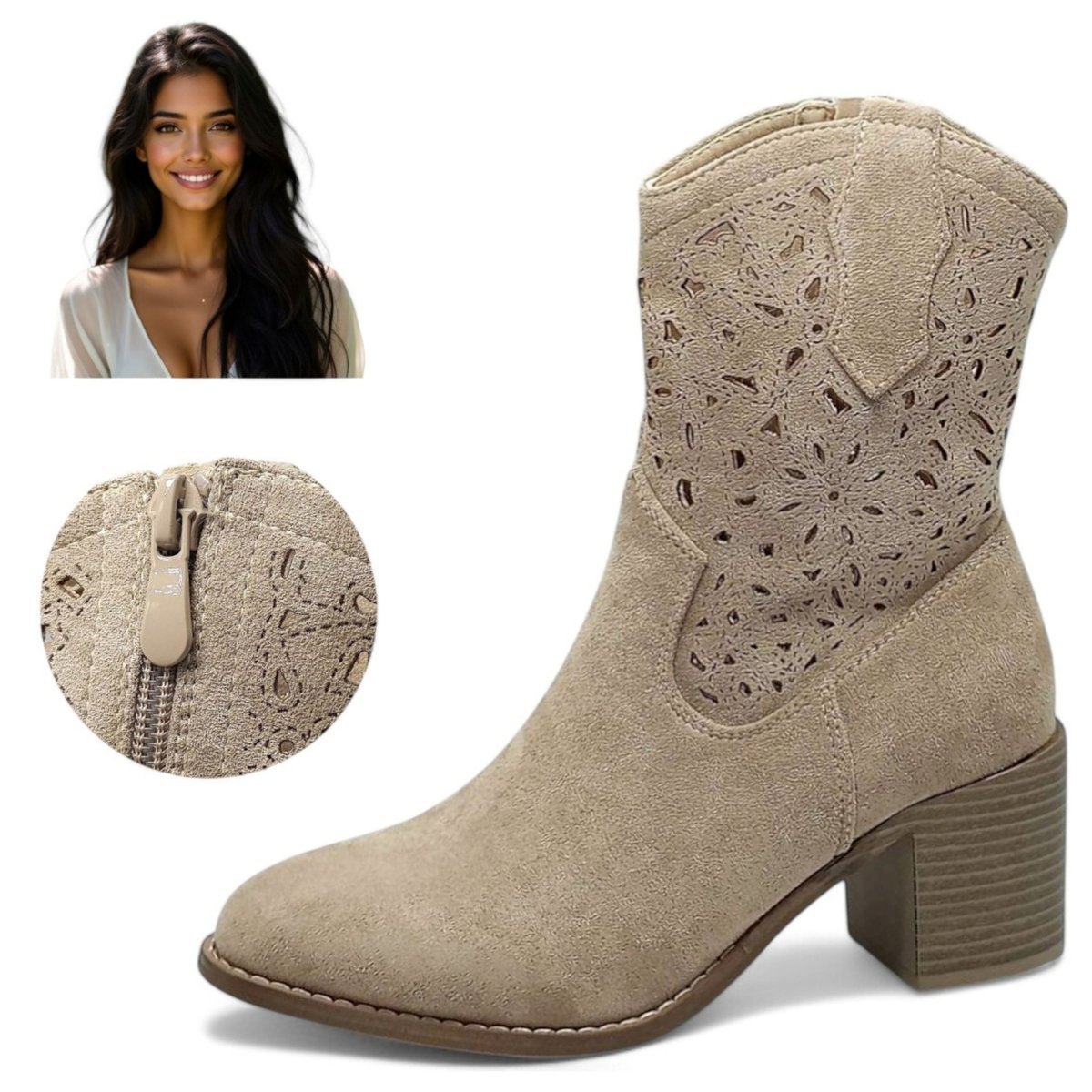 Kowbojki Botki Damskie Ażurowe Zamszowe Beżowe Modne z zamkiem Barski 41