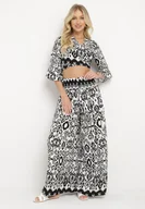 Komplety damskie - Czarno-Biały Bawełniany Komplet Kopertowy Top z Wiązaniem Szerokie Spodnie z Gumką w Pasie Viknie - miniaturka - grafika 1