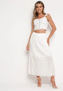 Biały Komplet w Stylu Boho Koronkowy Top i Spódnica Rozkloszowana z Gumką w Pasie Sovemia - Komplety damskie - miniaturka - grafika 1