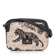 Torebki damskie - Damska crossbody z żakardu i ekoskóry kremowo - czarna - miniaturka - grafika 1