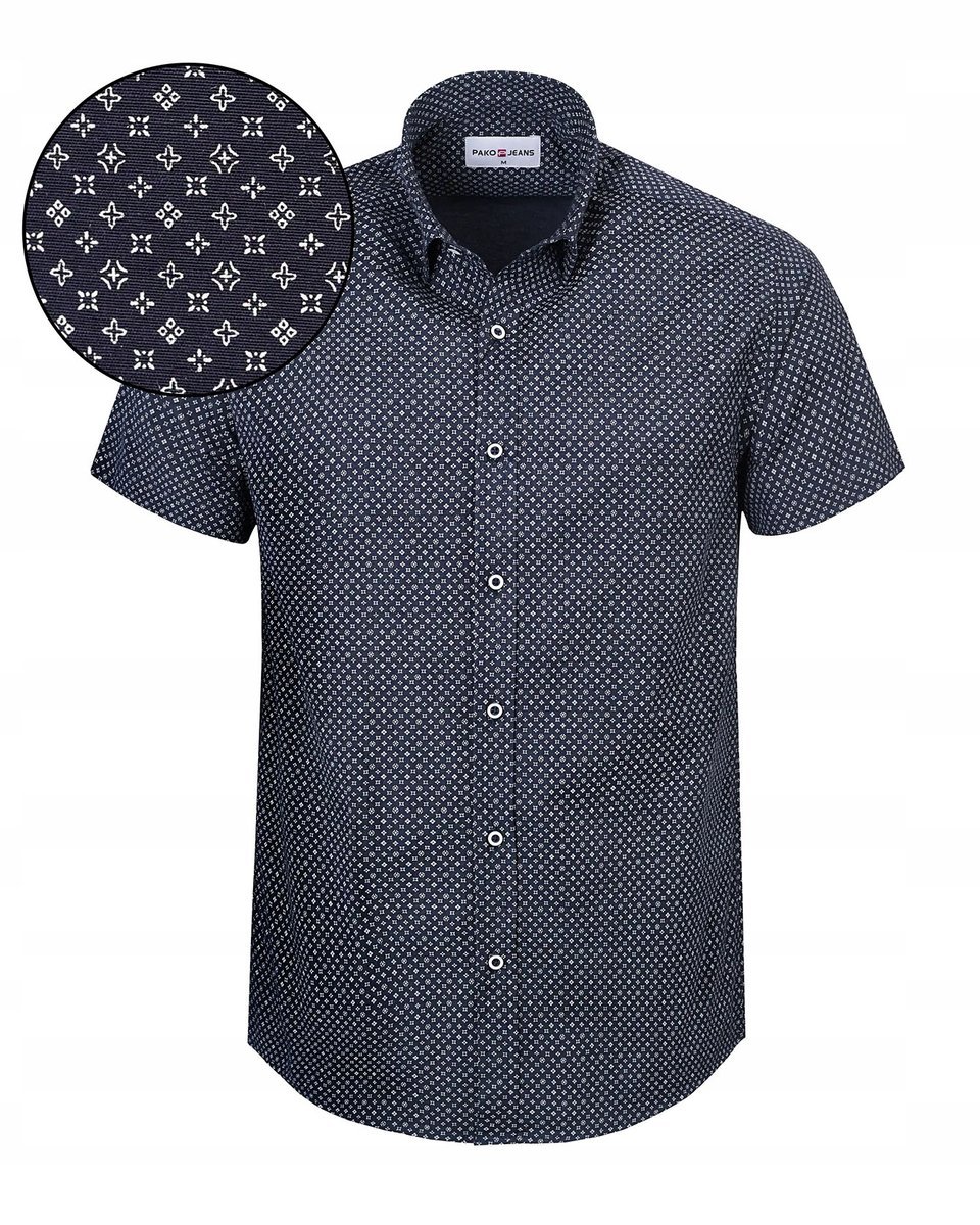 Koszula Męska z Krótkim Rękawem Granatowa Slim Fit Bawełniana Pako Jeans