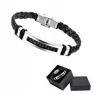 Bransolety męskie - Bransoletka Męska Czarna Skórzana Pleciona Srebrna Stal Chirurgiczna 316L - miniaturka - grafika 1