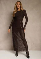 Spódnice - Brązowa Spódnica z Dzianiny z Wiskozą z Koronkowym Dołem Zdobiona Guzikami Sewune - miniaturka - grafika 1