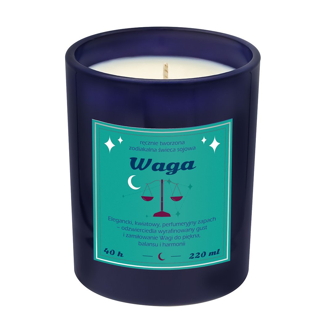 Świeca zodiakalna sojowa naturalna zapachowa WAGA - bezpieczna, ręcznie robiona w szklanym słoiczku na prezent upominek dla osoby ze znakiem zodiaku..