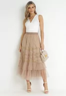 Spódnice - Beżowa Tiulowa Spódnica Maxi z Gumką w Pasie z Falbankami Mathurin - miniaturka - grafika 1