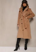 Płaszcze damskie - Beżowy Długi Płaszcz Jednorzędowy z Paskiem w Talii Zeneti - miniaturka - grafika 1