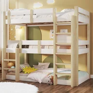 Łóżka dla dzieci i młodzieży - Łóżko piętrowe 3-osobowe 90 x 190 cm z 2 drabinkami - Sosna + MDF + sklejka - Naturalny + biały (Materac nie jest wliczony w cenę) - miniaturka - grafika 1