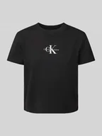 Koszulki i topy damskie - T-shirt z wyhaftowanym logo i okrągłym dekoltem - miniaturka - grafika 1