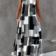 Sukienki - TEMU Stylowa letnia sukienka damska w kratę, w paski, bez rękawów, z okrągłym dekoltem i kieszeniami, codzienna odzież damska - miniaturka - grafika 1