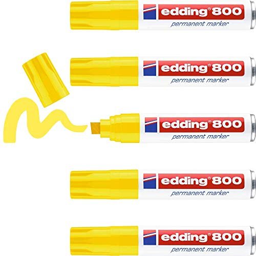 edding 800 Marker permanentny - żółty - 5 długopisów - ścięta końcówka 4-12 mm - do dużych oznaczeń - szybkoschnący, odporny na wodę i ścieranie - do kartonu, plastiku, drewna, metalu, szkła