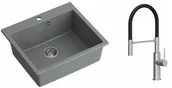 Zlewozmywaki z baterią - Quadron Zlewozmywak granitowy jednokomorowy 57*50*22 cm MORGAN 110 SILVER STONE ze stalowym odpływem z baterią GEMMA Q LINE SLIM z ruchomą wylewką kolor stal szczotkowana/czarny wąż - miniaturka - grafika 1