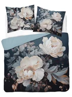 Pościel - Pościel bawełniana - Białe piwonie/niebieska- 160x200 - 3 cz. - miniaturka - grafika 1