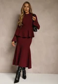 Komplety damskie - Bordowy Komplet z Dzianiny z Wiskozą Spódnica i Sweter z Baskinką i Cyrkoniami Nereza - miniaturka - grafika 1