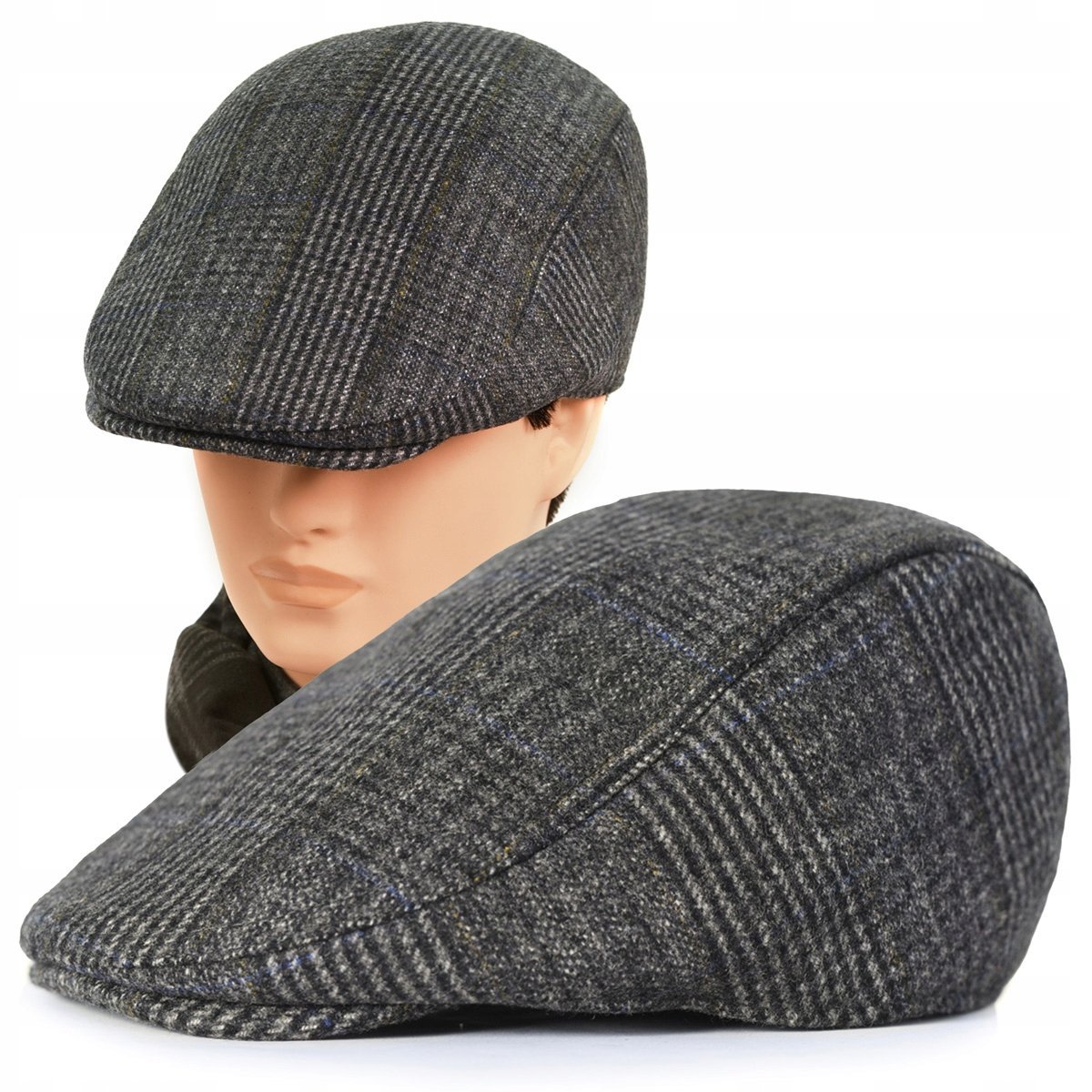 Kaszkiet Męski Zimowy Ocieplany Elegancka Czapka w Kratkę 50% Wełny