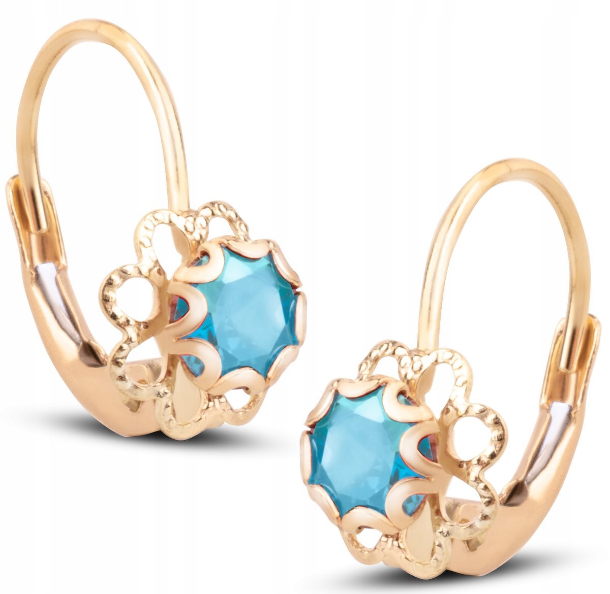 PIĘKNE ZŁOTE KOLCZYKI KWIATUSZKI Z BŁĘKITNYMI CYRKONIAMI 14KT 585