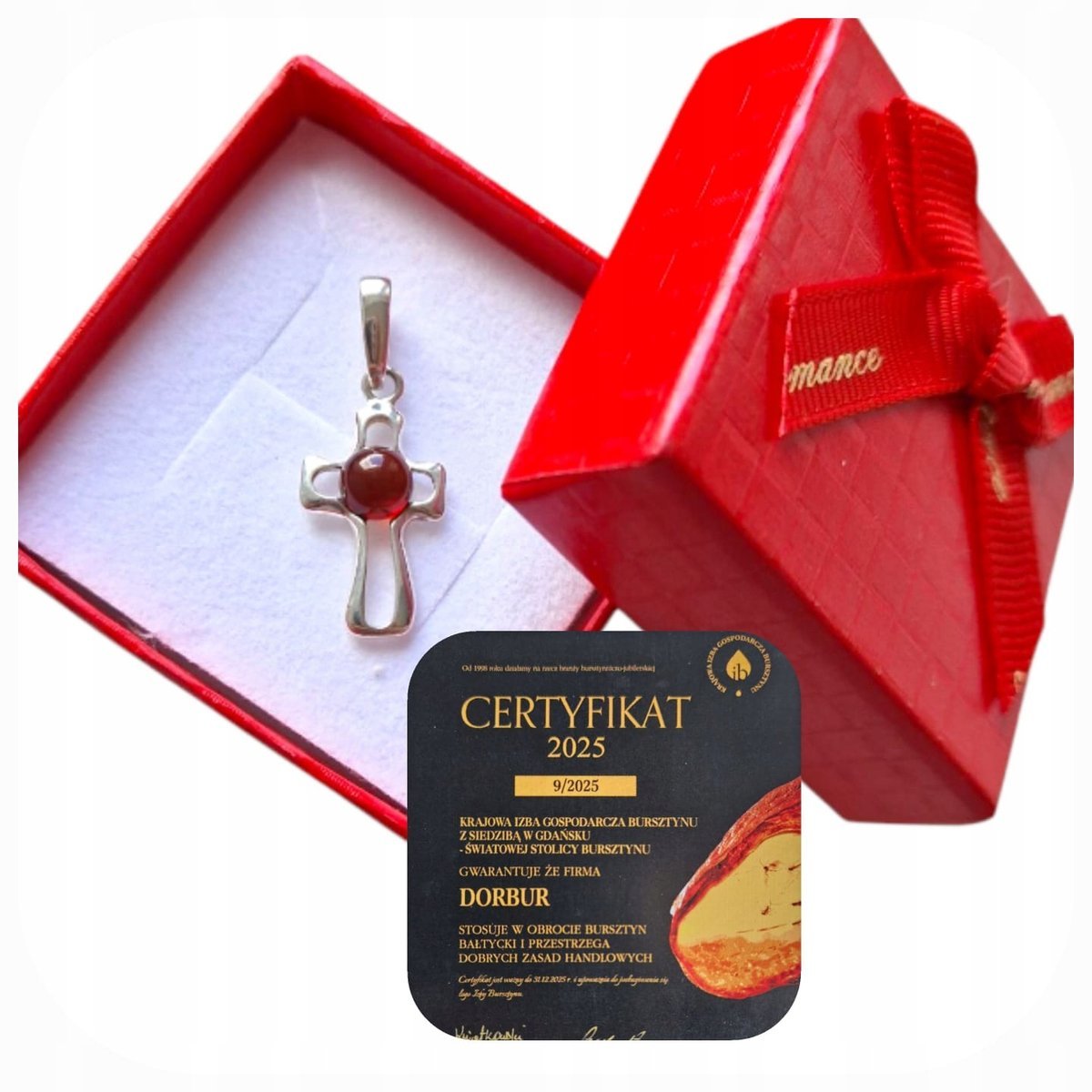 Mały krzyżyk srebrny z bursztynem wiśniowym Zawieszka prezent