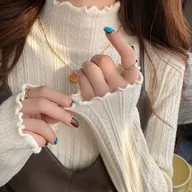 Swetry damskie - TEMU Damski Sweter Wysoki Kołnierz Francuski - Elegancki Sweter Z Falbanką I Długim Rękawem, Tunika Inspirowana Stylem Koreańskim, Ręcznie Prany - miniaturka - grafika 1