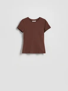 Reserved - Bawełniany t-shirt slim fit - ciemnobrązowy - Koszulki i topy damskie - miniaturka - grafika 1