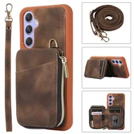 Etui i futerały do telefonów - Dla Samsung Galaxy A54 5G Podpórka Etui na telefon Torba na karty Zamek błyskawiczny Skórzany pokrowiec na telefon TPU z paskami Brown - miniaturka - grafika 1