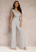 Kombinezony - Jasnoszary Długi Kombinezon Wiązany w Pasie z Guzikami Na Ramionach Amile - miniaturka - grafika 1