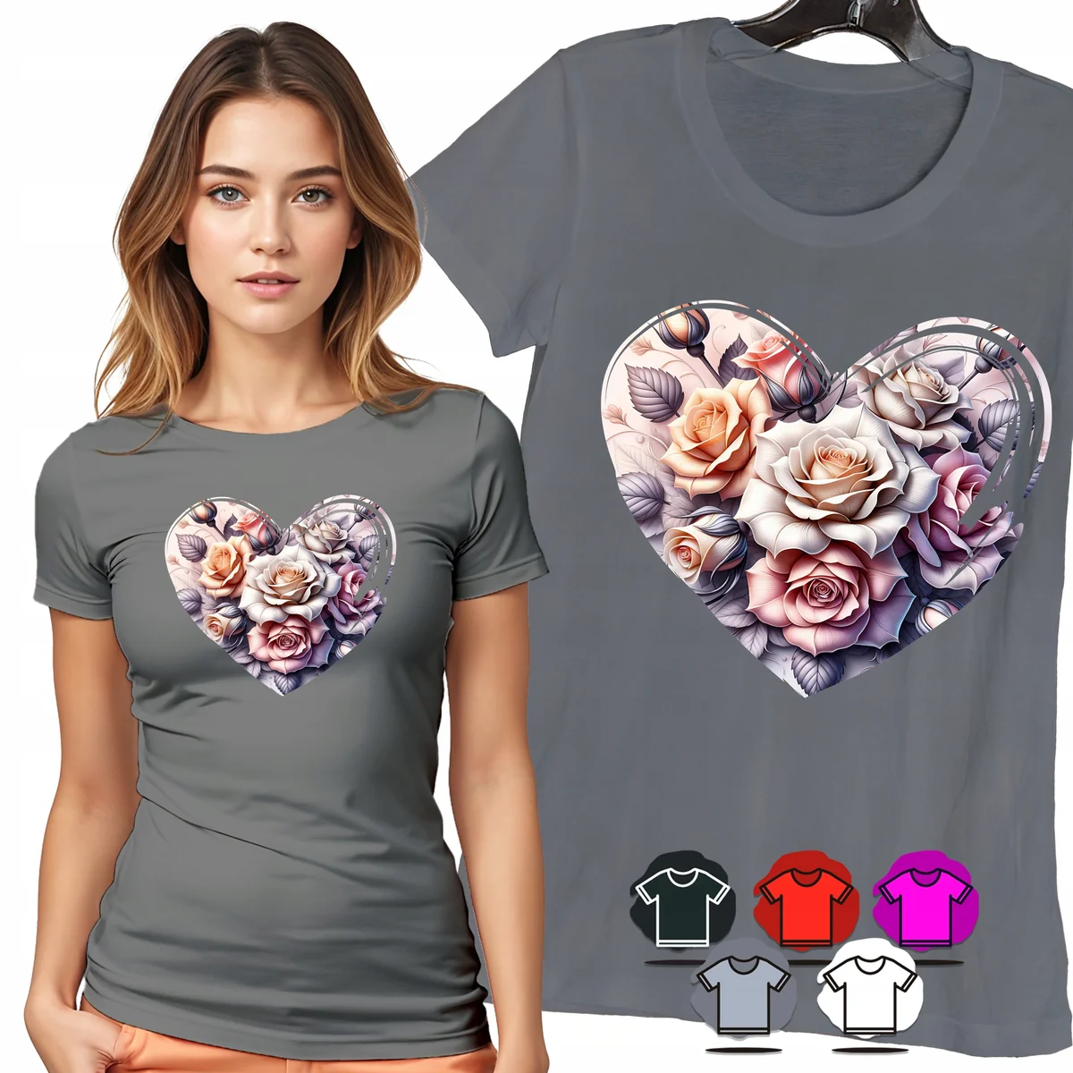 KOSZULKA DAMSKA T-SHIRT - SERCE Z RÓŻAMI PASTELOWE KWIATY WZÓR MODA - L