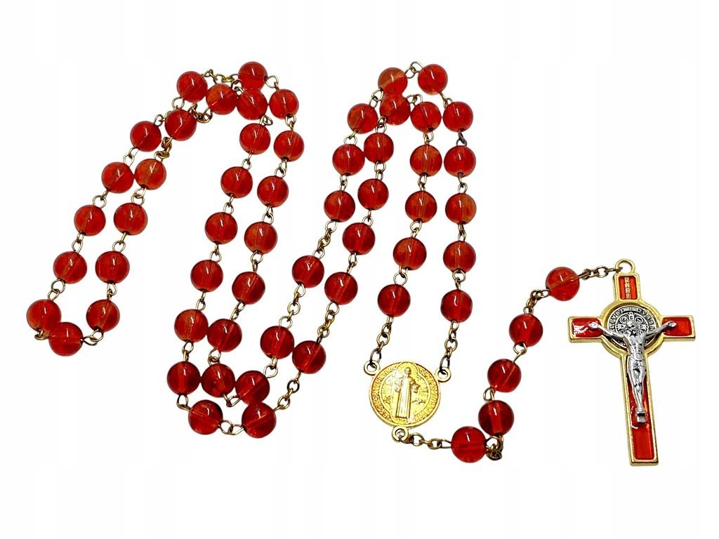 Różaniec szklany Benedykt czerwony R169C