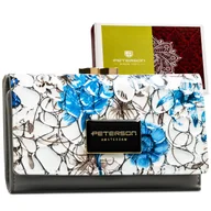 Portfele - Skórzana lakierowana portmonetka damska na zatrzask i bigiel szara z niebieskim kwiatowym motywem PETERSON rozbudowany portfel na karty elegancki zł.. - miniaturka - grafika 1