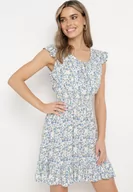 Sukienki - Biało-Niebieska Sukienka z Krótkim Rękawem w Kwiaty z Gumkami w Pasie i Wiązaniem przy Dekolcie Saffilla - miniaturka - grafika 1